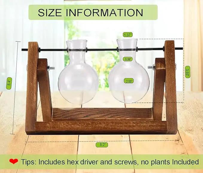 Kingbuy Glass Desktop Planter with Retro Wooden Stand and Plant Terrarium vase (2 Bulbs) for Indoor Office Desk Decor Accessories by GreenHaven Gardens