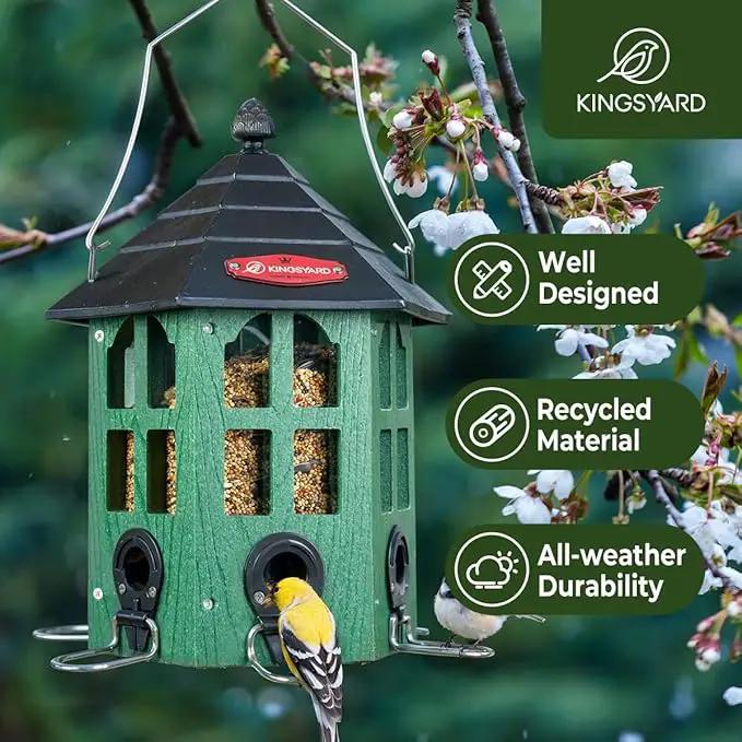 Kingsyard Wild Bird Feeder for Outdoor Hanging, Recycled Plastic Bird Feeders with 6 Ports & U-Shape Perch, Garden Yard Outside Decoration, 3.5 lbs Seed Capacity, Green by GreenHaven Gardens