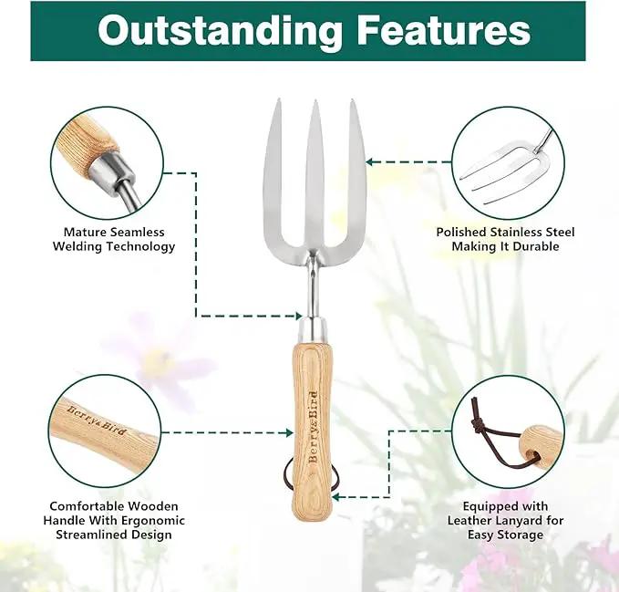 Berry&Bird Gardening Hand Fork, Stainless Steel Hand Weed Fork, Traditional Garden Hand Fork Tool with Ergonomic Ash Wood Handle for Weeding, Digging, Planting and Cultivating by GreenHaven Gardens