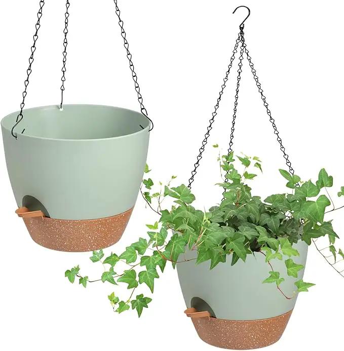 Hanging Planters for Indoor Outdoor Plants, 2 Pack Self Watering Hanging Pot with Drainage Holes & Removable Tray (Green, 10'') by GreenHaven Gardens