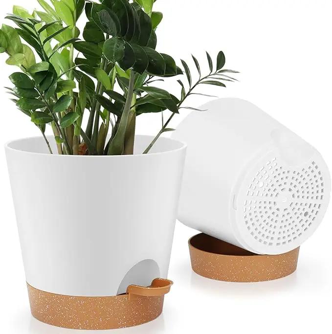 8-Inch Plant Pots, Self-Watering Planters with Drainage Holes & Saucers for Indoor and Outdoor Plants (2-Pack, White) by GreenHaven Gardens