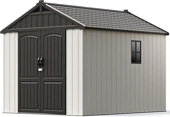 Patiowell 8 x 10 FT Resin Outdoor Storage Shed with Floor, Plastic Shed with Window and Lockable Door for Garden, Backyard, Tool Storage Use, Easy to Install in Beige (Kick-it Shed) by GreenHaven Gardens