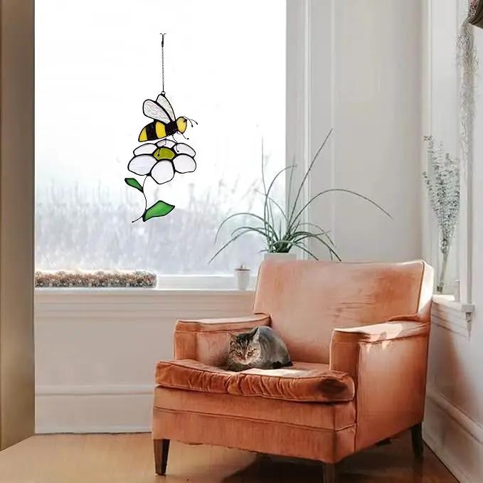 Bee Suncatcher Flower Stained Glass Window Hangings, Bee Decor Party Birthday Bee Gifts for Women,Bee Lovers, Housewarming Gifts. by GreenHaven Gardens