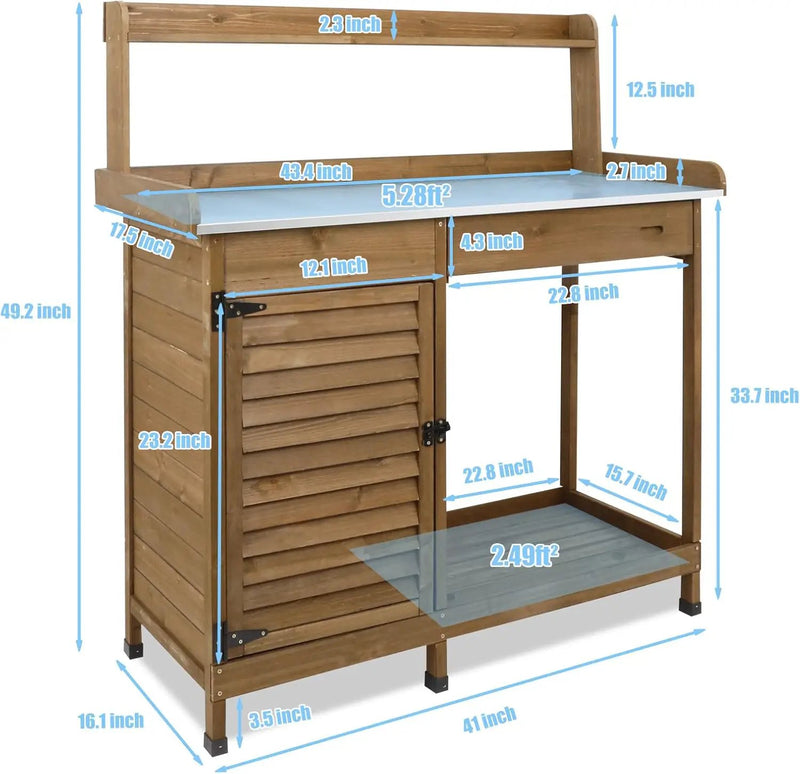 Outdoor Garden Potting Bench Table, 41" L Wooden Potting Table Work Bench for Horticulture, Waterproof Workstation Table with Metal Tabletop/Cabinet/Drawer/Open Shelf (Brown) by GreenHaven Gardens