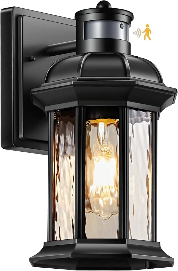 VIANIS Dusk to Dawn Motion Sensor Outdoor Porch Lights, Modern Black Exterior Porch Light Fixtures Wall Mount, Anti-Rust Aluminum Waterproof Wall Lantern With Tempered Ripple Glass For Garage Entryway by GreenHaven Gardens