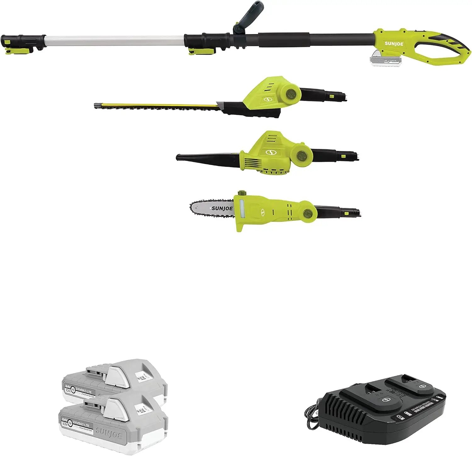 Sun Joe 24V-GTS4004-XT 24V IONMAX Blower,Hedge Trimmer & 8-in Pole Saw Kit w/2x24V 2.0-Ah Batt, Charger & Pole by GreenHaven Gardens