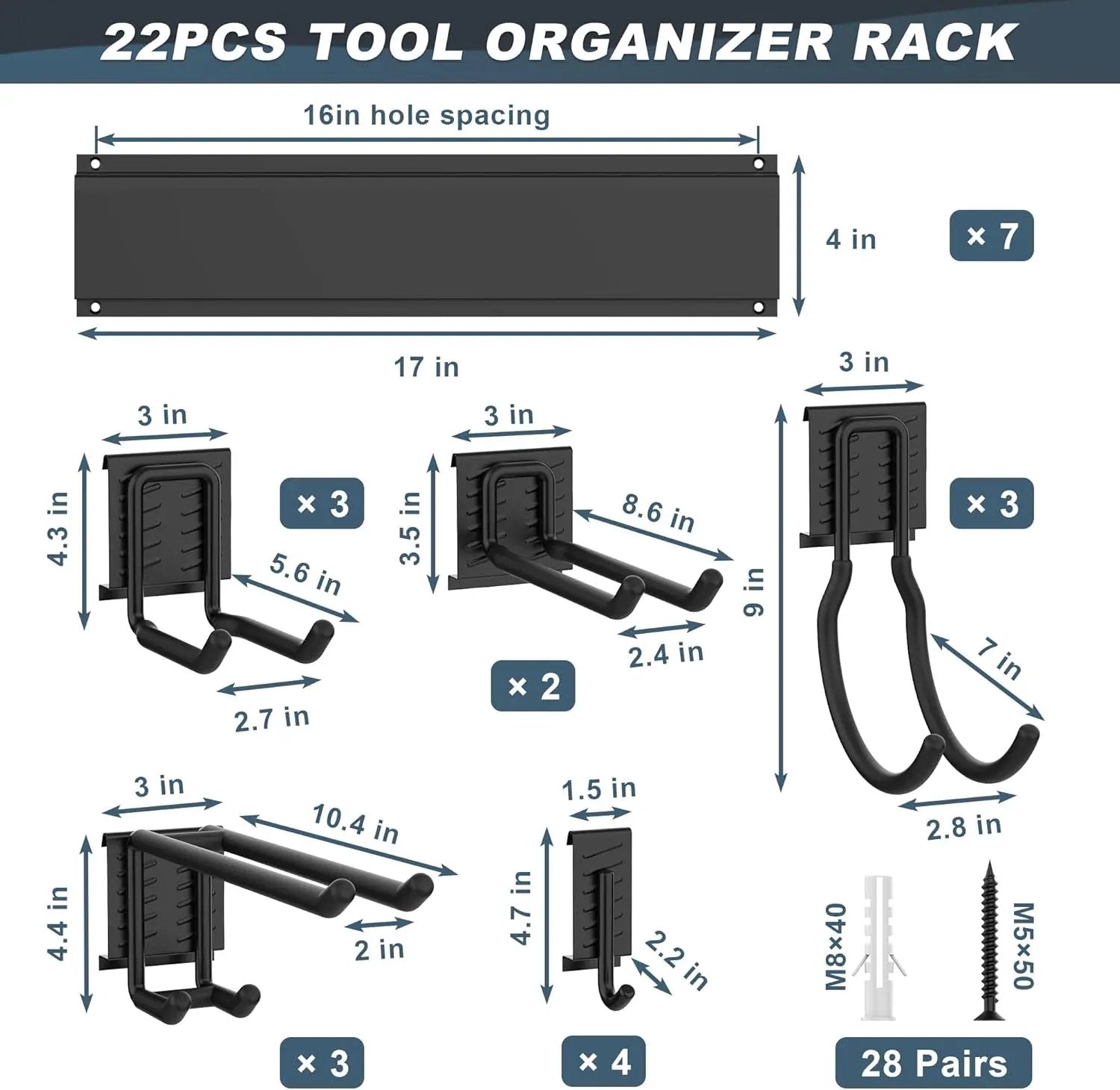 Ultrawall Garage Storage Organization, Garden Tool Organizer Garage Organizer Wall Mount Yard Tool Organizer Rack with 15 Hooks, Heavy Duty Wall Holders,22 Pcs by GreenHaven Gardens
