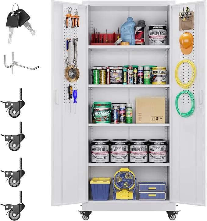 73" H Metal Garage Storage Cabinet with Wheels & Pegboard,Rolling Tool Cabinet with 2 Doors and 4 Shelves for Garage,Home,Office,Warehouse,Workshop, Required-Assembly,White by GreenHaven Gardens