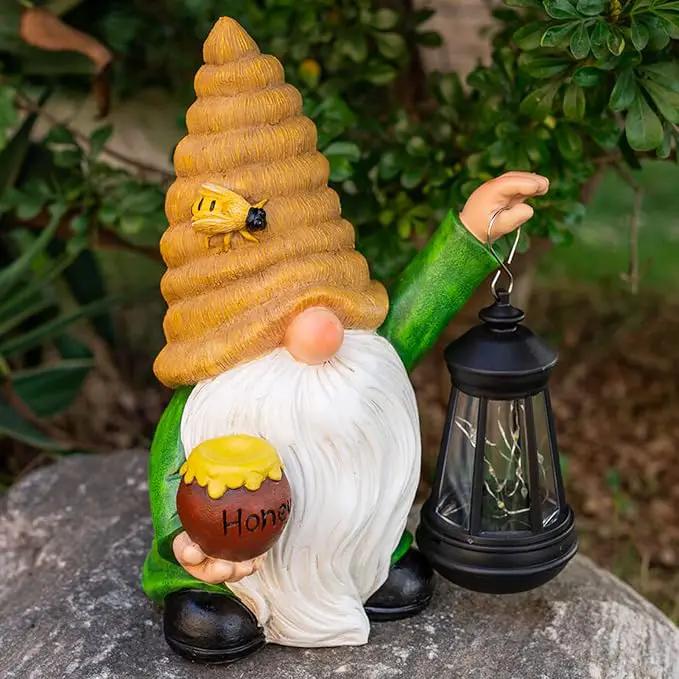 12.3''Solar Garden Gnome Outdoor Decor Honey Bee jar Gnome Statue with LED Lantern Fall Patio Yard Art Decoration Christmas Gardening Birthday Gifts for Women Mom, Honey Bee Gnome by GreenHaven Gardens