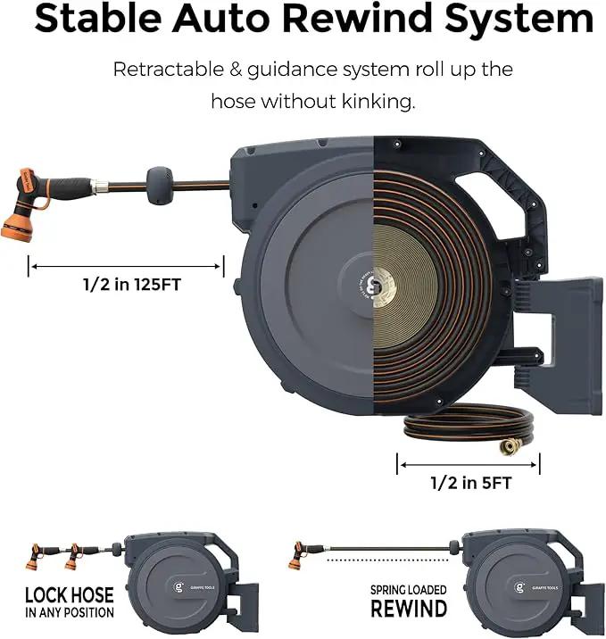Giraffe Tools Metal Retractable Hose Reel 130 FT Wall Mounted Heavy Duty Hose Reel with 9 Pattern Nozzle 180 Deg Swivel, Metal Bracket Any Length Lock (1/2 130FT PRO, Dark Grey) by GreenHaven Gardens