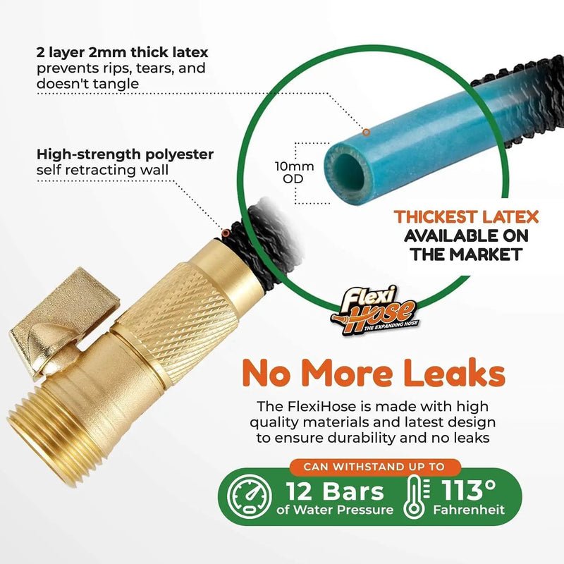 Flexi Hose PLUS with 8 Function Nozzle Expandable Garden Hose, Lightweight & No-Kink Flexible Garden Hose, 3/4 inch Solid Brass Fittings and Double Latex Core, 75 ft Black by GreenHaven Gardens