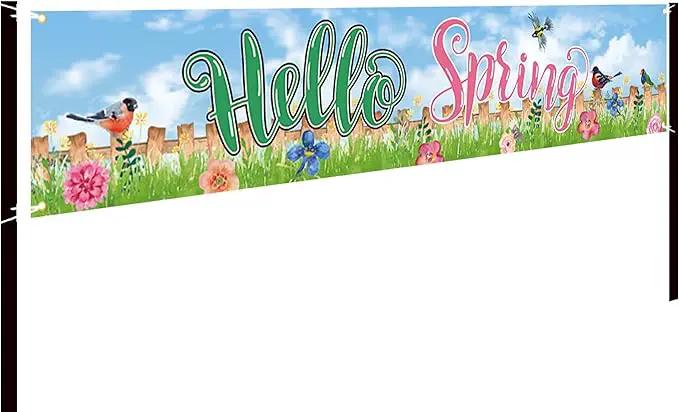 Hello Spring Large Banner Birds with Flowers Banner,Welcome Home Outdoor Flag Sign Decorations Holiday Party Polyester Outdoor Decor with Brass Grommets 8.2x1.64 Ft by GreenHaven Gardens