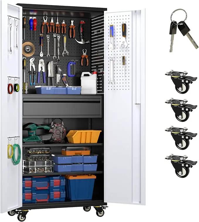 Metal Garage Cabinet with Wheels,71''H Rolling Lockable Steel Tool Storage Cabinet with Pegboard &1 Drawer for Garage,Home,Office,Black Gray, Assembly Required by GreenHaven Gardens