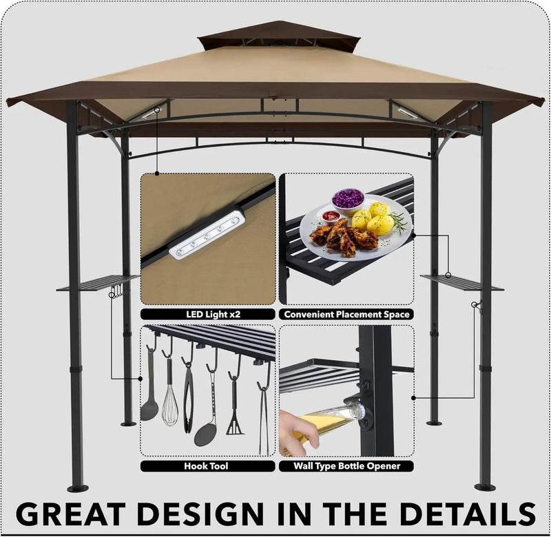 MASTERCANOPY 8 x 5 Grill Gazebo Outdoor BBQ Gazebo Canopy with 2 LED Lights (Brown Stitching Khaki) by GreenHaven Gardens
