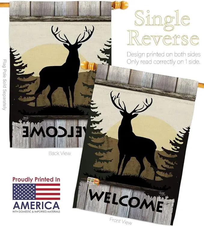 Welcome Deer Garden House Flags Set Animals Wildlife Outdoor Bear Wolf Pet Nature Farm Animal Creature Small Decorative Gift Yard Banner Made In USA 28 X 40 by GreenHaven Gardens