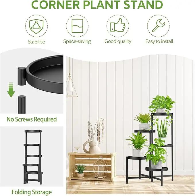 iDavosic.ly 5 Tier Large Plant Stand Indoor with 10 Inch Wide Tray, Tiered Corner Metal Outdoor Flower Display Holder Shelf, Folding Tall Rack for Patio Porch Living Room, Modern Black by GreenHaven Gardens