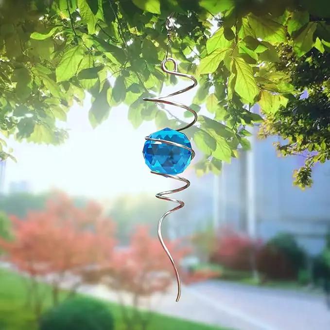 Gazing Ball Spiral Tail, Wind Spinner Spiral Peacock Blue Crystal Orb with Swivel Hook, Sun Catcher Rainbow Maker Hanging Decor for Yard Garden Rotating Art Ornaments Great Gifts 13" Height by GreenHaven Gardens