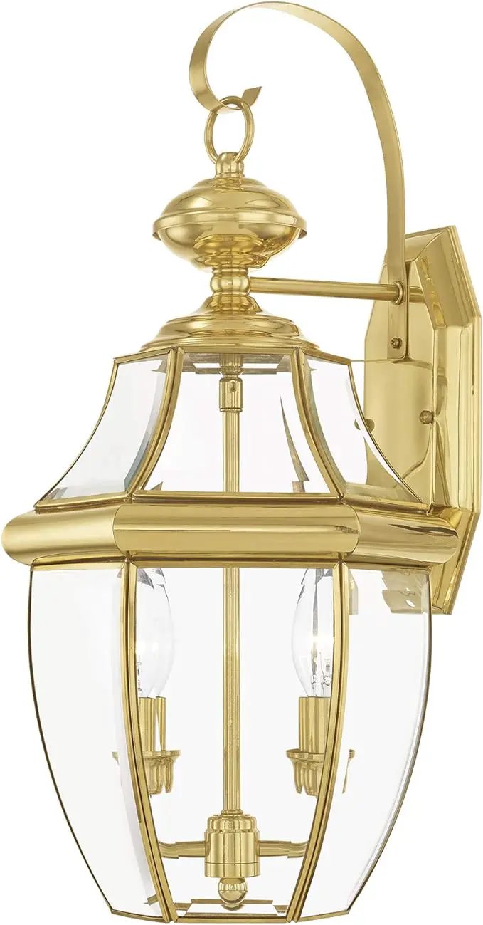 Livex Lighting 2251-02 Monterey 2 Light Outdoor Polished Brass Finish Solid Brass Wall Lantern with Clear Beveled Glass, 20.25" x 10.5" x 10" by GreenHaven Gardens