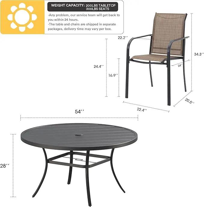 VICLLAX Patio Dining Set for 8, Outdoor Furniture Set Includes 53" Round Patio Table and 8 Patio Sling Chairs, Black Tabletop and Brown Fabric by GreenHaven Gardens