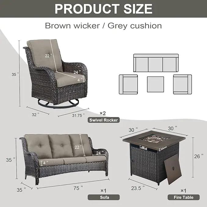 Outdoor Patio Furniture Set with 50000BTU Propane Fire Pit Table, 4 Pieces Wicker Patio Conversation Set with 2 Swivel Rocker Glider Chairs Rattan Sofa Grey Cushion Perfect for Gathering by GreenHaven Gardens