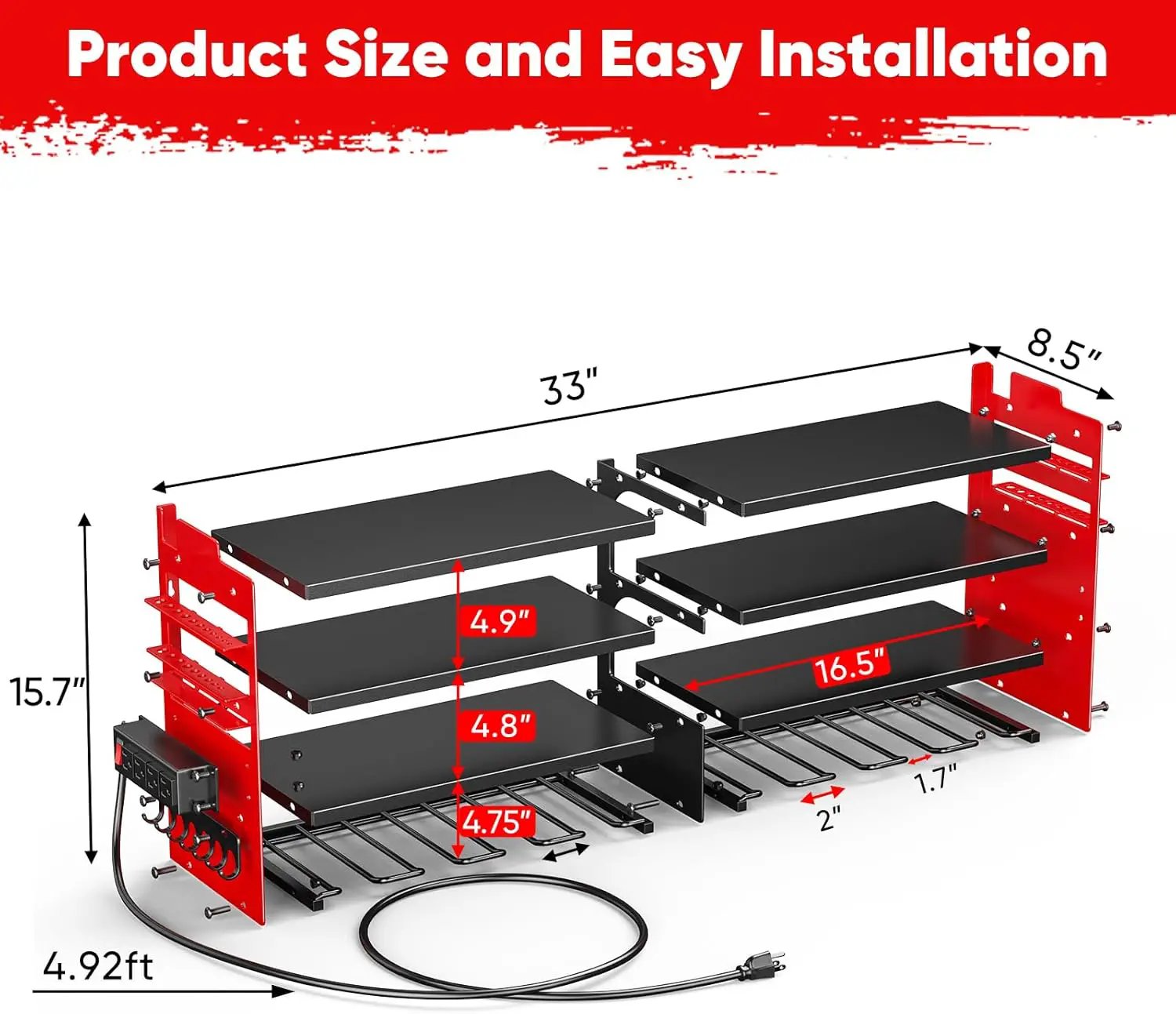 Large Power Tool Organizer Wall Mount with Charging Station,4 Layer Heavy Duty Metal Tool Storage Shelf Loads 600lbs,Battery Utility Rack With 4 Outlet Power Strip with 8 Cordless Drill Holder by GreenHaven Gardens