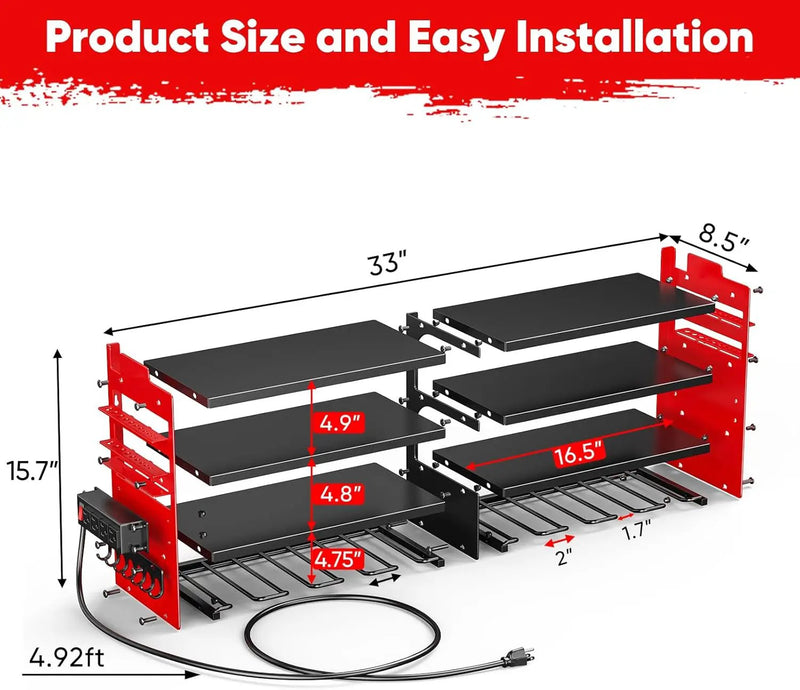 Large Power Tool Organizer Wall Mount with Charging Station,4 Layer Heavy Duty Metal Tool Storage Shelf Loads 600lbs,Battery Utility Rack With 4 Outlet Power Strip with 8 Cordless Drill Holder by GreenHaven Gardens