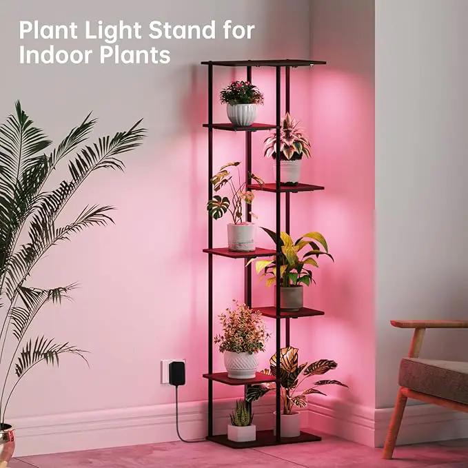 Indoor Plant Stand with Grow Lights , 7 Tier Corner Wooden Tall Grow Light Stand for Indoor Plants , Full Spectrum Dimmable 50W(5x10W) LED Grow Light Panel with Timer for Garden , Living Room by GreenHaven Gardens