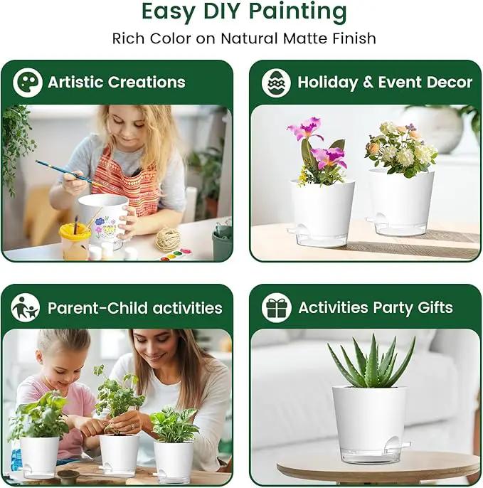 6 inch Self Watering Pots for Indoor Outdoor Plants, 6 Pack Flower Plant Pots with Drainage Holes and Clear Reservoirs, Visible Water Level, Plastic Planters with Wicking Rope, White by GreenHaven Gardens