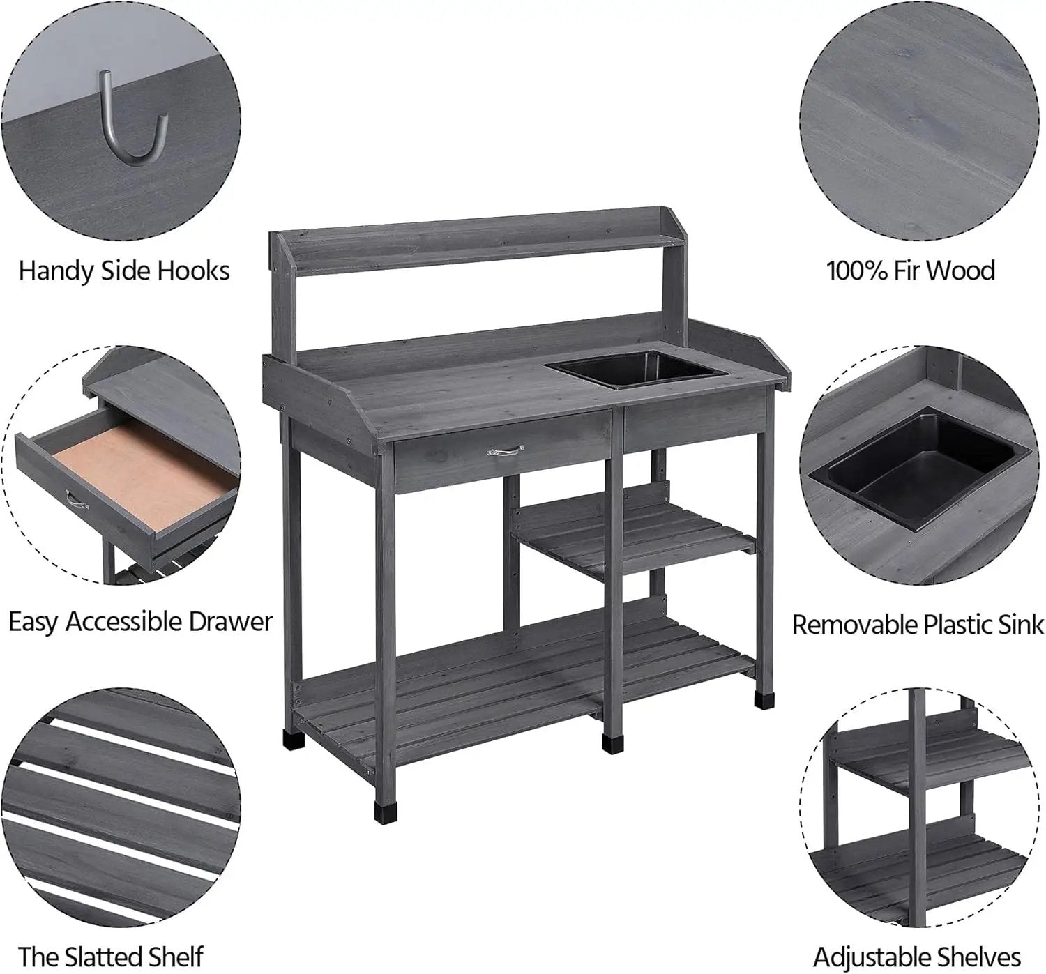 Yaheetech Outdoor Potting Bench Table Potters Benches Garden Workstation for Horticulture with Drawer/Adjustable Shelf Rack/Removable Sink/Hooks/Pads, Gray by GreenHaven Gardens