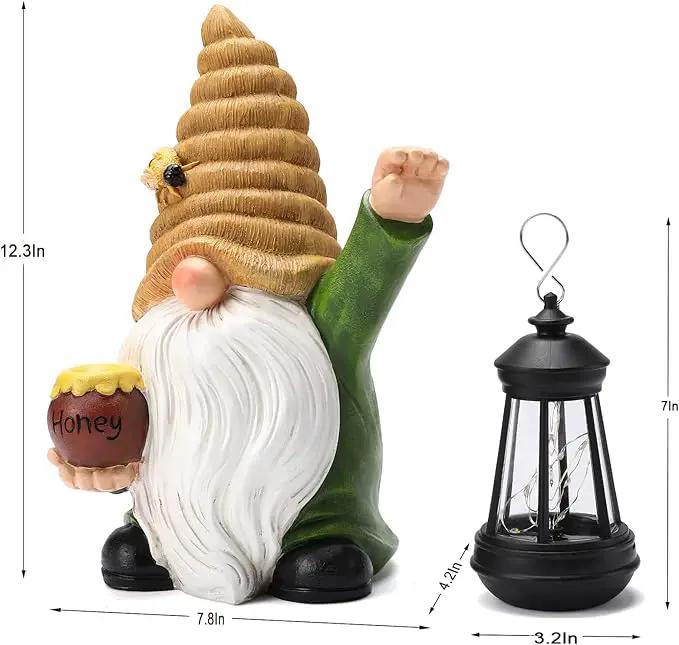 12.3''Solar Garden Gnome Outdoor Decor Honey Bee jar Gnome Statue with LED Lantern Fall Patio Yard Art Decoration Christmas Gardening Birthday Gifts for Women Mom, Honey Bee Gnome by GreenHaven Gardens
