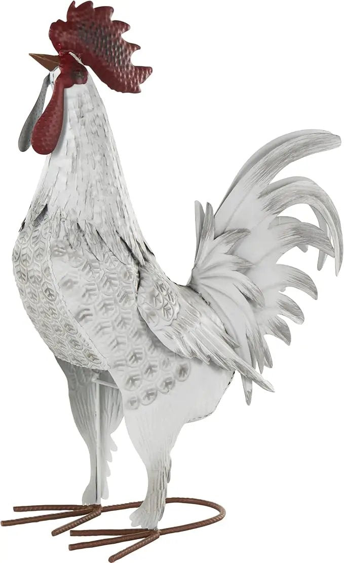 Deco 79 Metal Rooster Decorative Garden Sculpture Garden Statue with Black Texturing and Red Accents, Outdoor Sculpture 15" x 6" x 18", White by GreenHaven Gardens