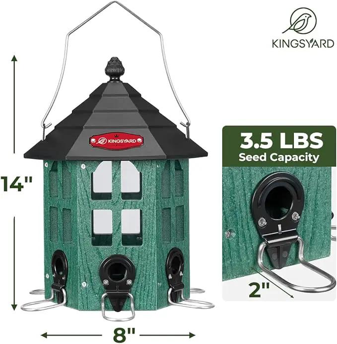 Kingsyard Wild Bird Feeder for Outdoor Hanging, Recycled Plastic Bird Feeders with 6 Ports & U-Shape Perch, Garden Yard Outside Decoration, 3.5 lbs Seed Capacity, Green by GreenHaven Gardens