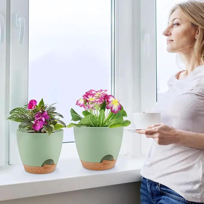 Plant Pots 8/7/6.5/6/5.5/5 Inch Self Watering Pots, Set of 6 Plastic Planters with Drainage Holes and Saucers,Plastic Flower Pots,Nursery Planting Pot for Indoor Out Door Plants（Green） by GreenHaven Gardens