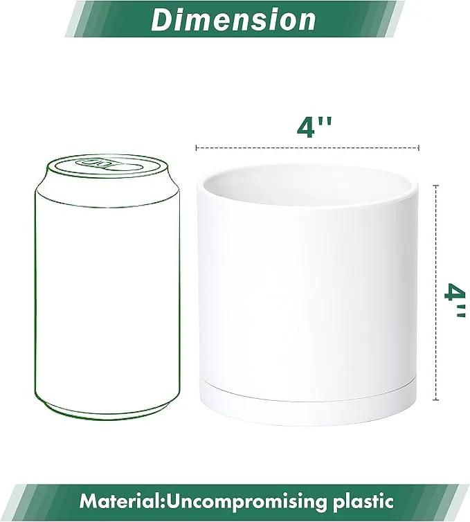 D'vine Dev 6 Pack 4 Inch Modern Plastic Plant Pots, Small Garden Planters for Plant with Drainage Holes and Saucers, White Color, 74-Z-E-3 by GreenHaven Gardens