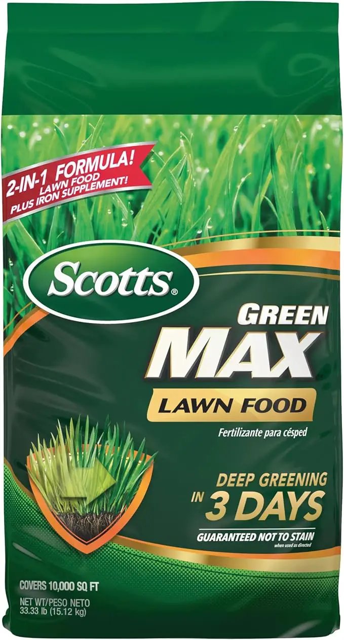 Scotts Green Max Lawn Food, Lawn Fertilizer Plus Iron Supplement for Greener Grass, 10,000 sq. ft., 33.33 lbs. by GreenHaven Gardens