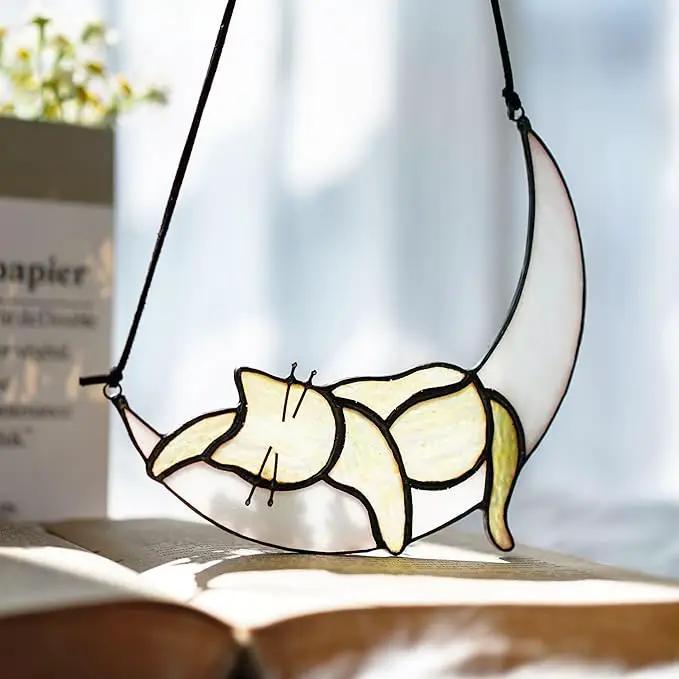 HDCRYSTALGIFTS Orange Cat On Moon Stained Glass Window Hangings,Tabby Cat Decoration suncatcher Hanging Ornament Gift for Mom,Cat Memorial Gifts for Cat Lovers, Pet Loss Sympathy Gift by GreenHaven Gardens