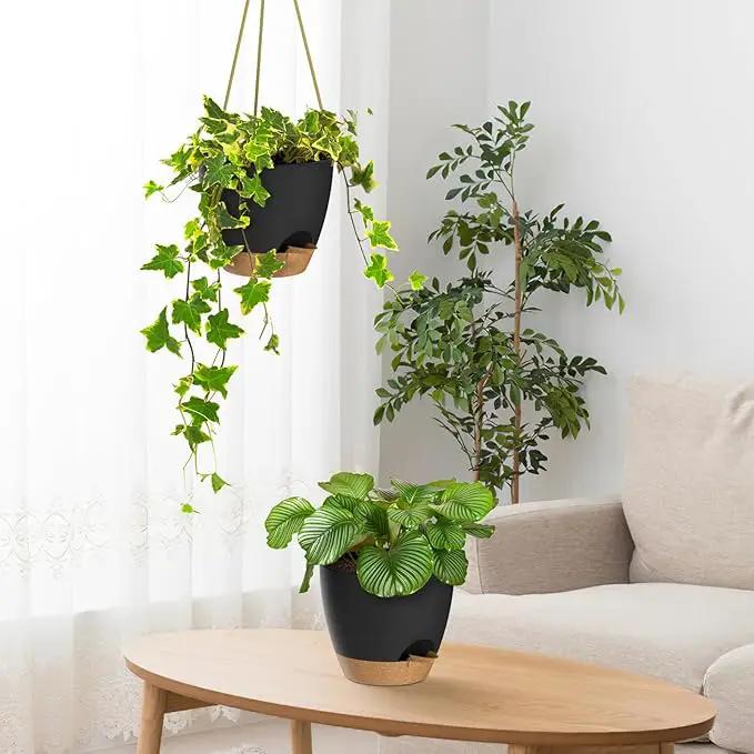 ZMTECH 6.5 Inch Hanging Planters for Indoor Outdoor Plants, 2 Pack Self Watering Hanging Plant Pots with Drainage Holes and Removable Saucer, Plastic Flower Hanging Pots with Watering Lip (Black) by GreenHaven Gardens