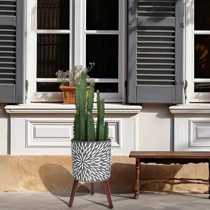 12 Inches Plant Pot with Stand, Large Modern Standing Planters for Indoor Plants with Drainage Holes, Gray Flower Pots with Legs by GreenHaven Gardens
