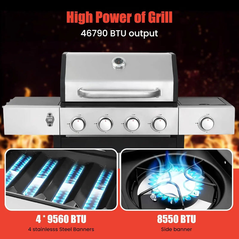 HYCHIKA 4-Burner Propane Grill with Sear & Side Burner, 46790 BTU Gas Grill with Griddle Pan & Enameled Cast Iron Grates, BBQ Grill with 439 Sq. In. Grilling Area for Outdoor, Patio, Backyard Babecue by GreenHaven Gardens