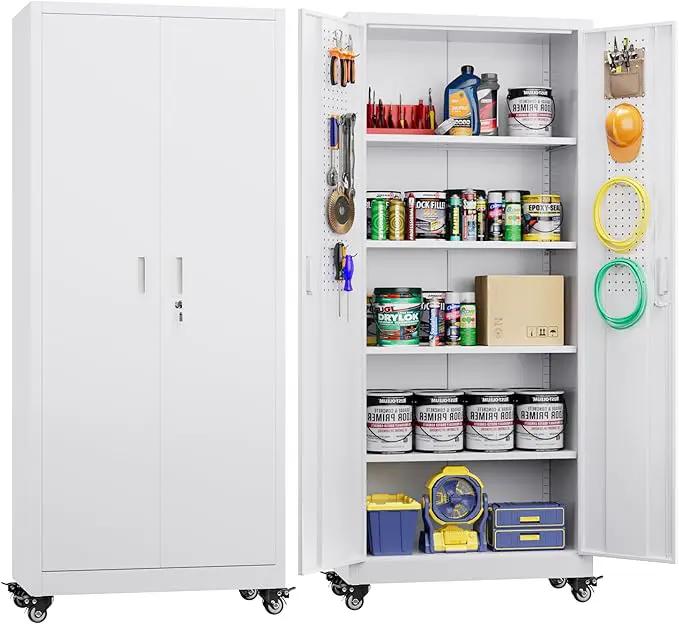 73" H Metal Garage Storage Cabinet with Wheels & Pegboard,Rolling Tool Cabinet with 2 Doors and 4 Shelves for Garage,Home,Office,Warehouse,Workshop, Required-Assembly,White by GreenHaven Gardens