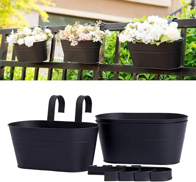 3 Pack Metal Hanging Flower Pots for Railing Fence，Outdoor Balcony Rail Planter with Detachable Hooks Drainage Holes for Deck Garden Home Decor Black by GreenHaven Gardens