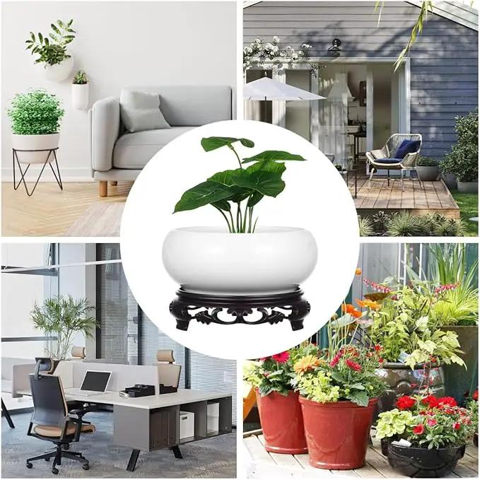 Ceramic Chinese Pot with Base White Water Lily Bowl 6Inch Porcelain Lotus Pot Jardiniere Planter Oriental Fish Bowl Bonsai Vase by GreenHaven Gardens