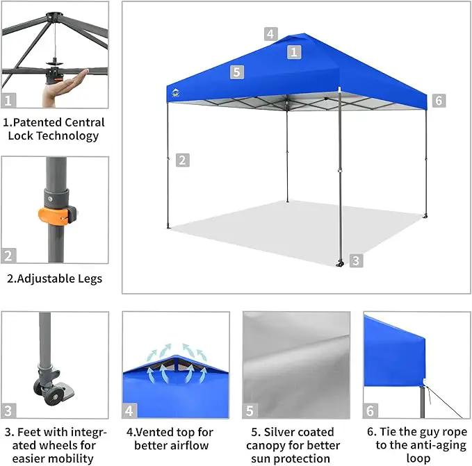 CROWN SHADES Adjustable Height on The Fly, 10x10 Pop Up Canopy - Beach Tent with One Push Setup - Easy Outdoor Sun Shade for Events, Parties, Camping - Outside Shade with STO-N-Go Bag, Blue by GreenHaven Gardens