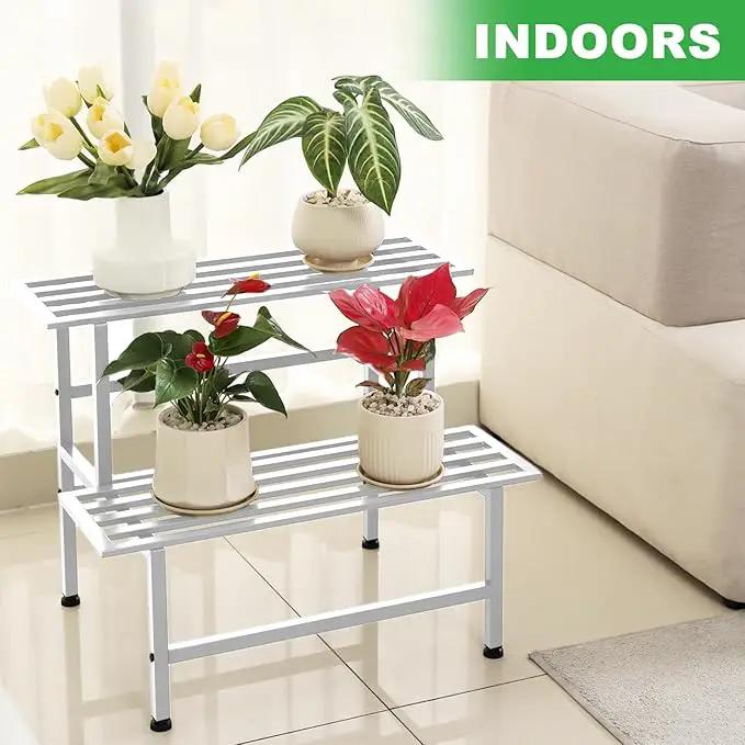 Metal Plant Stand Outdoor Plant Shelf Indoor,2 Tier Heavy Duty Ladder Plant Stands for Multiple Plants,26" L x 20.25" H x 17.75" W,White by GreenHaven Gardens