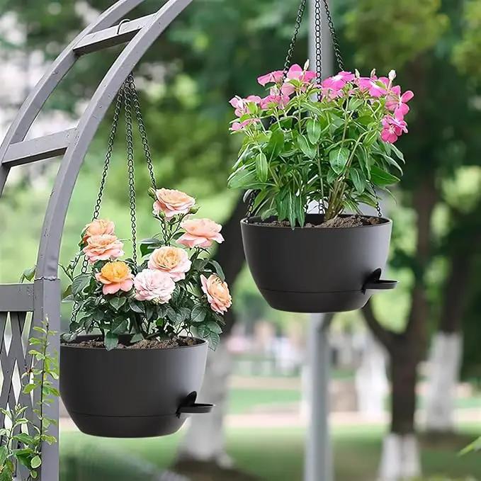 12 Inch Hanging Baskets 2 PC with Chains, Self-Watering Hanging Planters for Indoor Outdoor Plants, Plastic Hanging Flower Pots,Black by GreenHaven Gardens