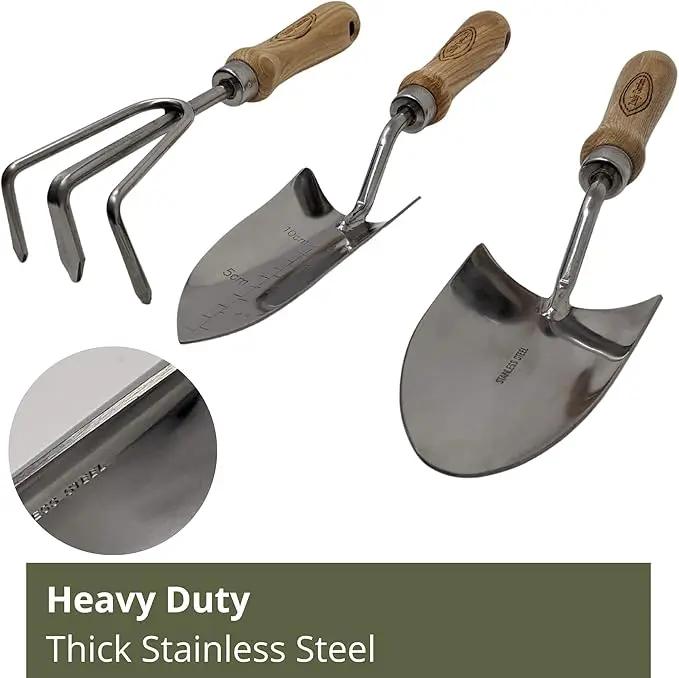 Classic 3-Piece Garden Tool Set - Durable Stainless Steel with Wood Handles. Trowel, Rake & Transplanter for Easy Digging, Weeding & Planting - by Truly Garden by GreenHaven Gardens