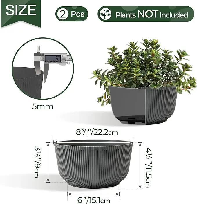 T4U 8 Inch Plant Pots, 2 Pack Self Watering Planter with Drainage Hole, Shallow Plant Pot Indoor, Home Decor Flower Pots for Plants, Cactus, Garden, Gray by GreenHaven Gardens