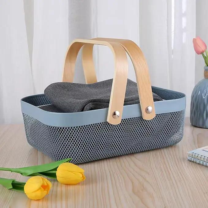Metal Mesh Steel Basket, Storage Organizer Baskets Garden Harvest Basket Multi-functional Kitchen Fruit Baskets Bin with Wooden Handle for Bathroom Picnic Shopping Decor Cabinet Home, Blue by GreenHaven Gardens