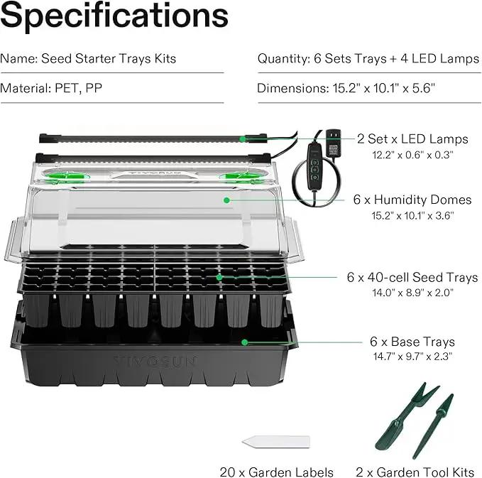 VIVOSUN 6-Pack Seed Starter Trays, 240-Cell Seed Starter Kit with 2 Set of LED Lights, 3.6" Higher Cover, Adjustable Vents, Drainage Holes, Green Propagation Tray for Planting Seed, 40 Cells x 6 Packs by GreenHaven Gardens