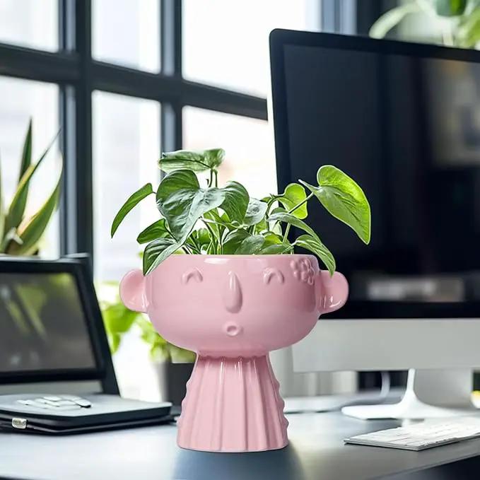 Face Pots for Plants - 7 Inch Ceramic Face Planters Pots Head for Indoor Outdoor, Small Funny Succulent Planters with Drainage Hole, House Room Apartment Decor, Gifts for Women, Bright Pink by GreenHaven Gardens